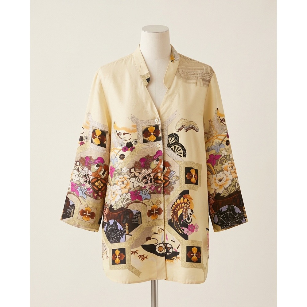 Citron Santa Monica L Silk Embossed Stamped Vintage Asian Print Shirt Yellow